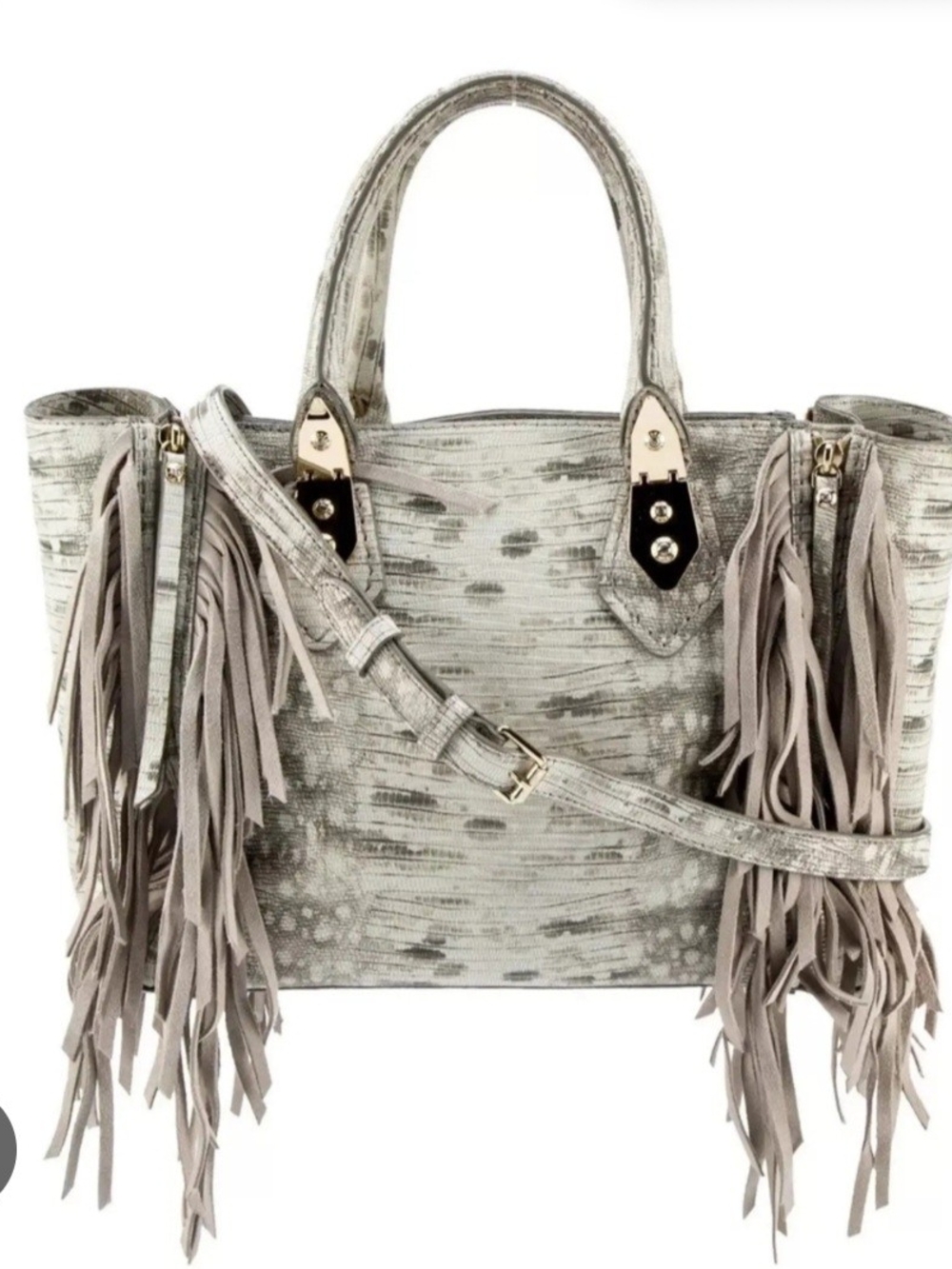 Henry Bendel Lizard Embossed Leather Fringe Satchel Bag
